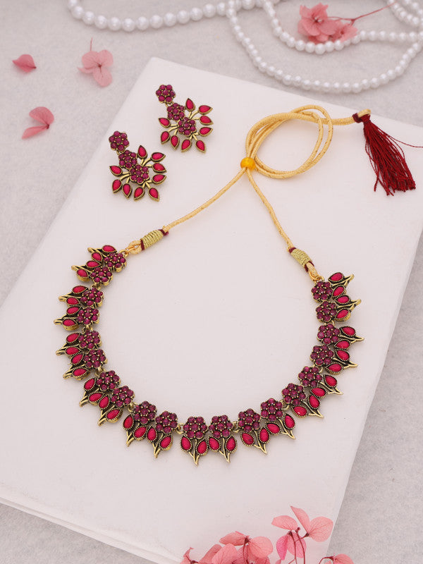 Tehzeeb Creations Pink Colour Gold Pleated Stone Studded Necklace With Earrings - Swadesiicart