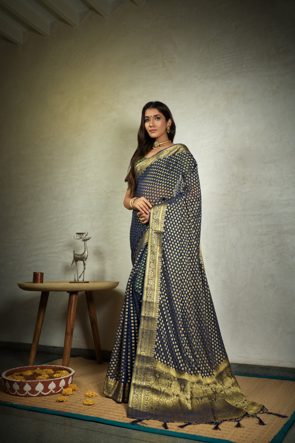 Vardha Indigo Blue Golden Zari Banarasi Chiffon Saree | Swadesiicart