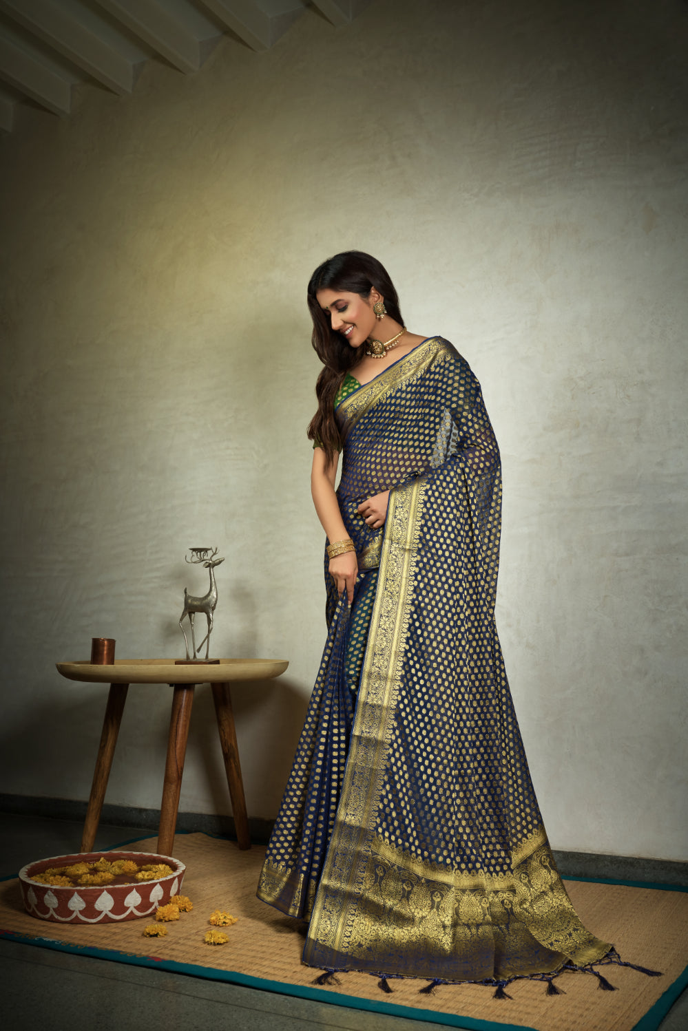 Vardha Indigo Blue Golden Zari Banarasi Chiffon Saree | Swadesiicart