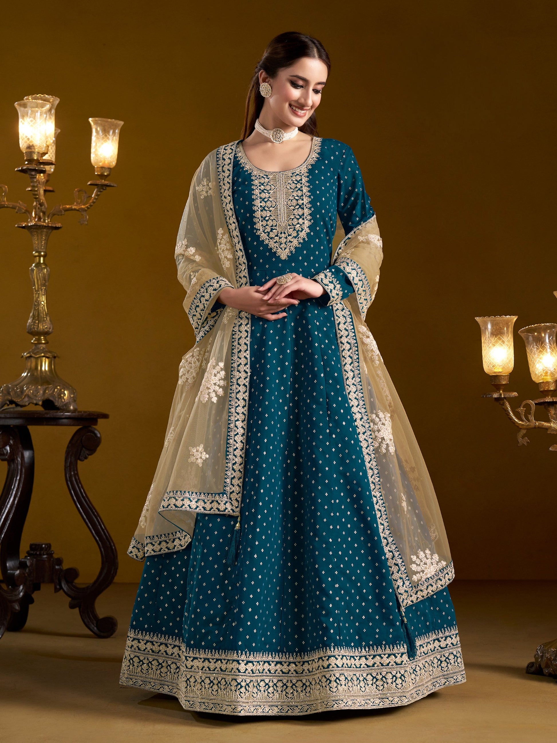 Anaita Teal Embroidered Jacquard Chanderi Anarkali Suit