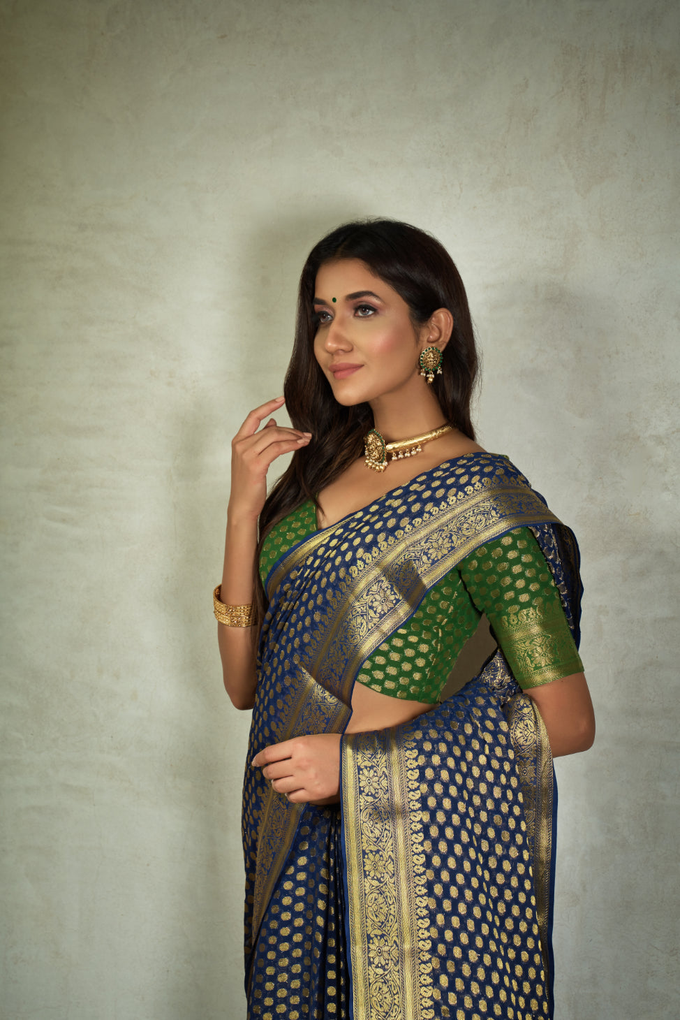 Vardha Indigo Blue Golden Zari Banarasi Chiffon Saree | Swadesiicart