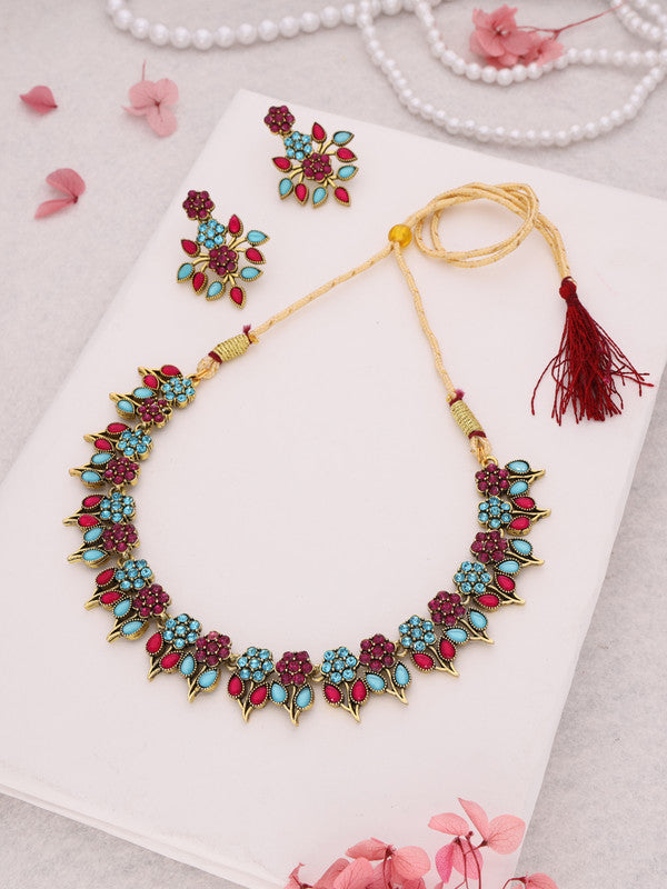 Tehzeeb Creations Pink & Sky Blue Colour Gold Pleated Stone Studded Necklace With Earrings - Swadesiicart