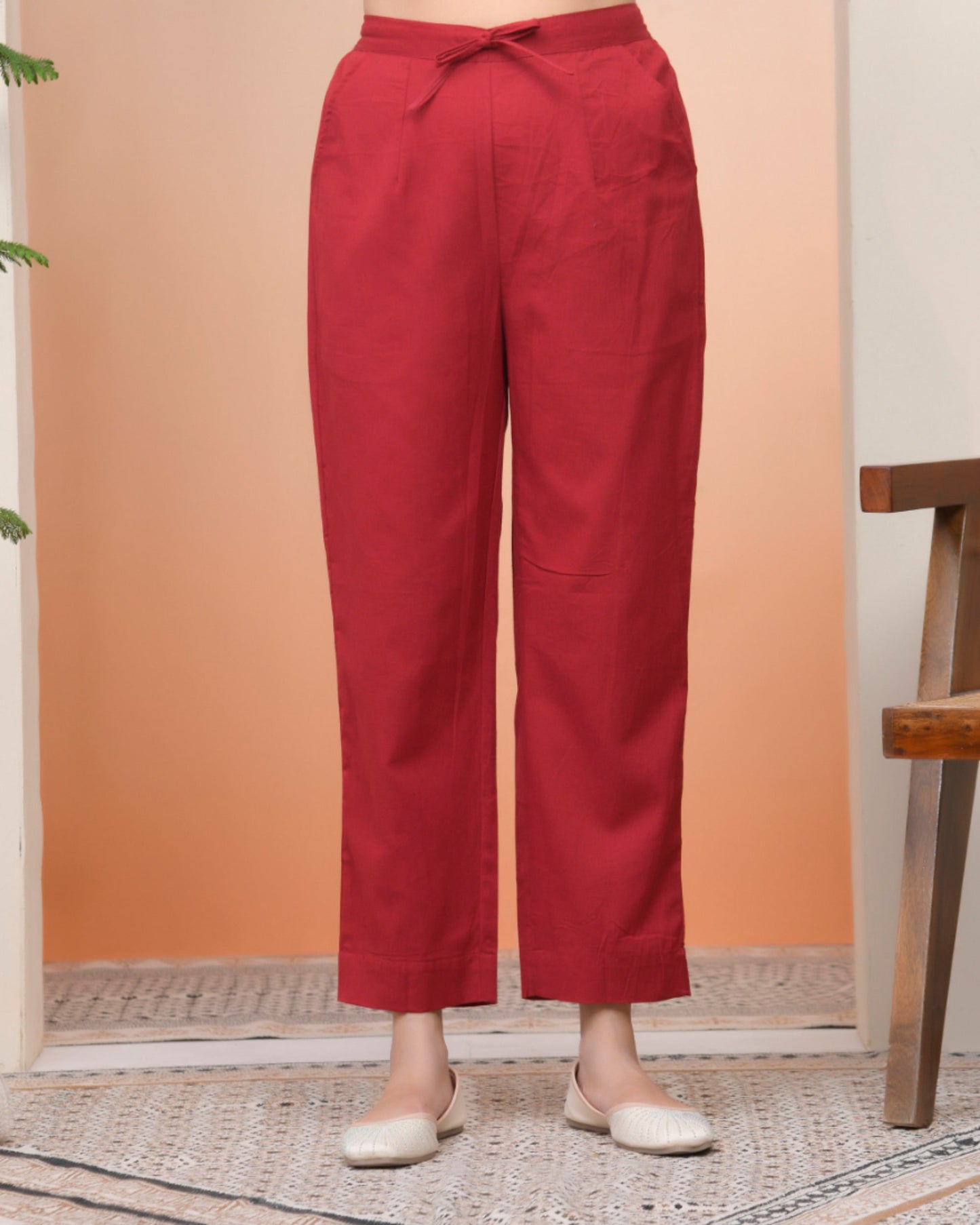 Vaasva Women Maroon Cotton Flax Solid Straight Pants | Swadesiicart