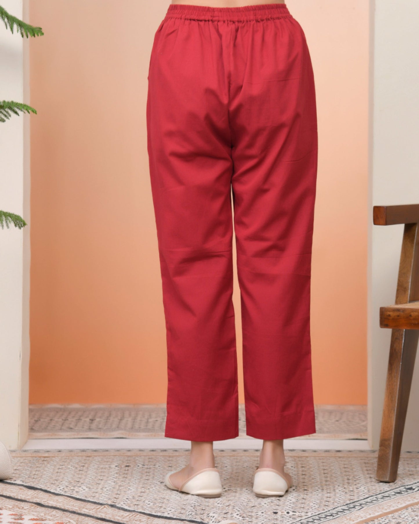 Vaasva Women Maroon Cotton Flax Solid Straight Pants | Swadesiicart