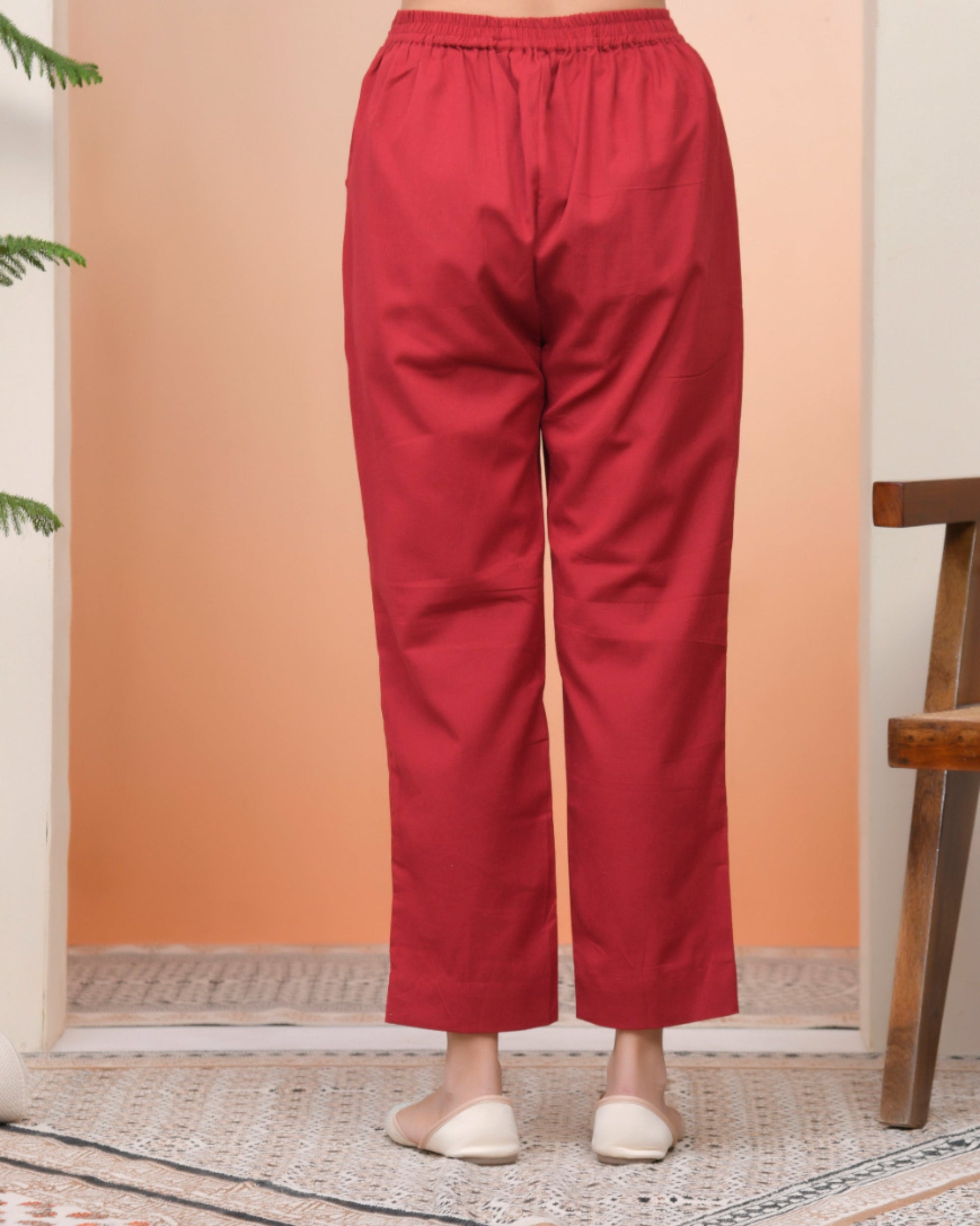 Vaasva Women Maroon Cotton Flax Solid Straight Pants | Swadesiicart