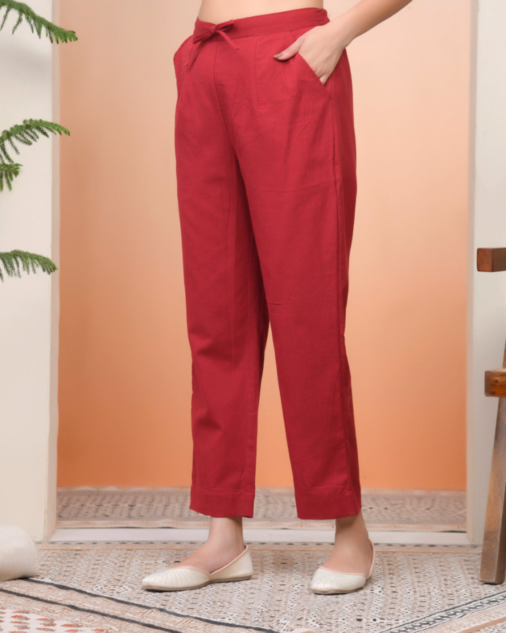Vaasva Women Maroon Cotton Flax Solid Straight Pants | Swadesiicart