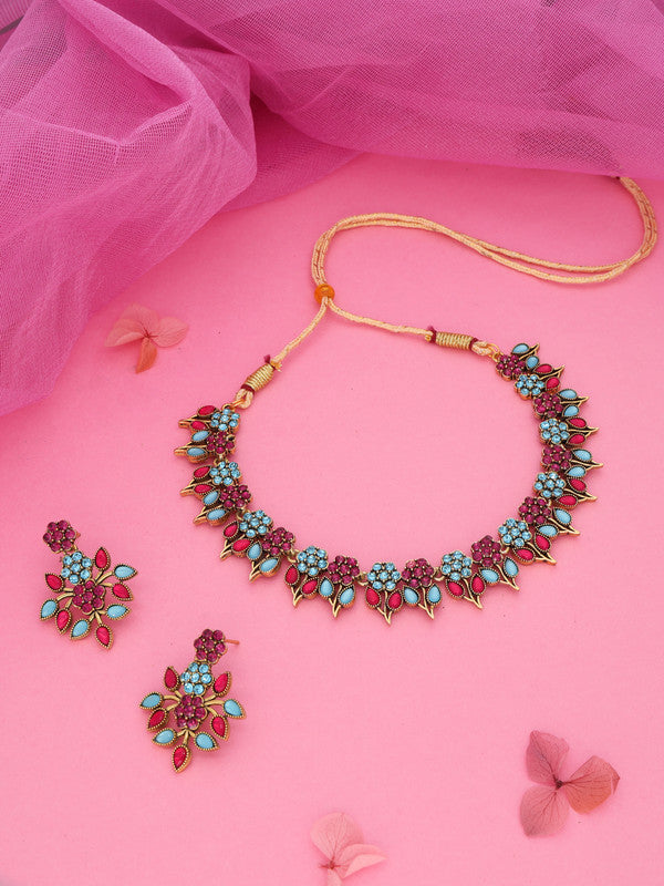 Tehzeeb Creations Pink & Sky Blue Colour Gold Pleated Stone Studded Necklace With Earrings - Swadesiicart