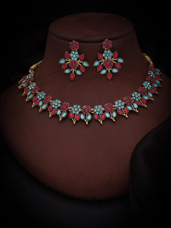 Tehzeeb Creations Pink & Sky Blue Colour Gold Pleated Stone Studded Necklace With Earrings - Swadesiicart