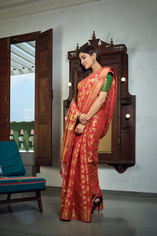 Vardha Rose Red Golden Zari Banarasi Chiffon Saree | Swadesiicart