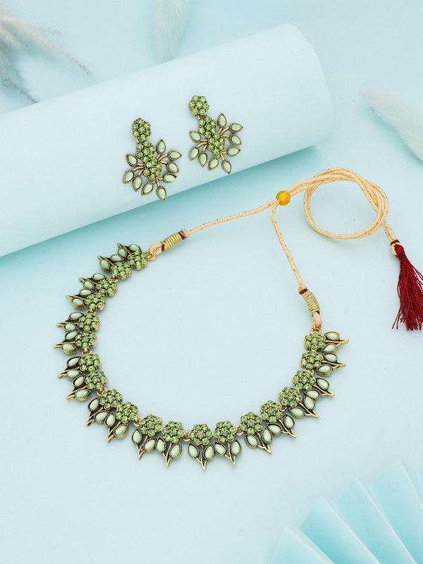 Tehzeeb Creations Sea Green Colour Gold Pleated Stone Studded Necklace With Earrings - Swadesiicart