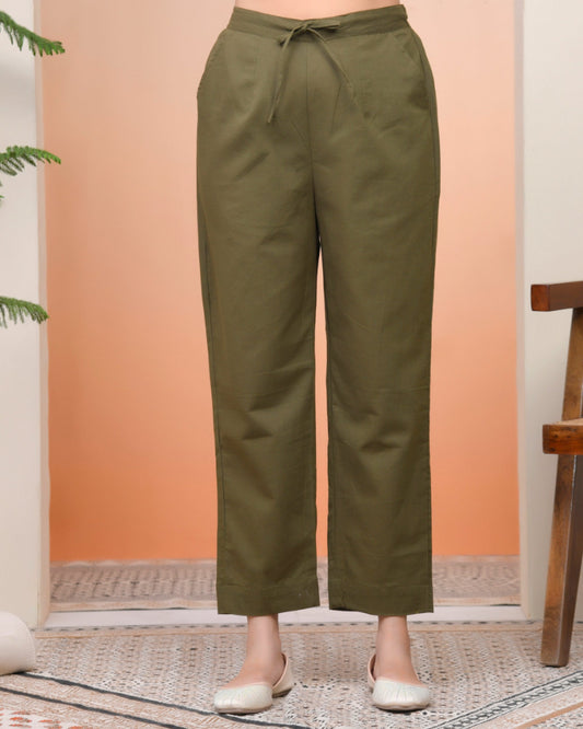 Vaasva Women Olive Green Cotton Flax Solid Straight Pants | Swadesiicart