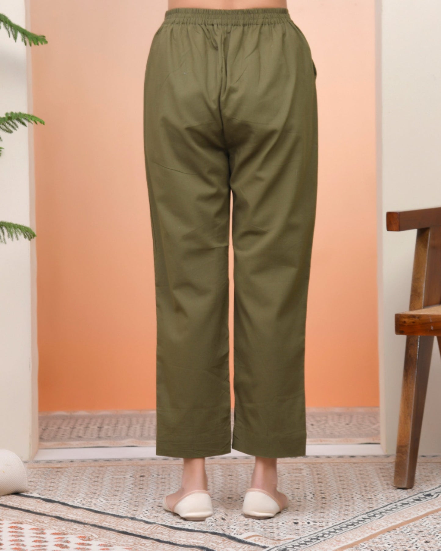 Vaasva Women Olive Green Cotton Flax Solid Straight Pants | Swadesiicart