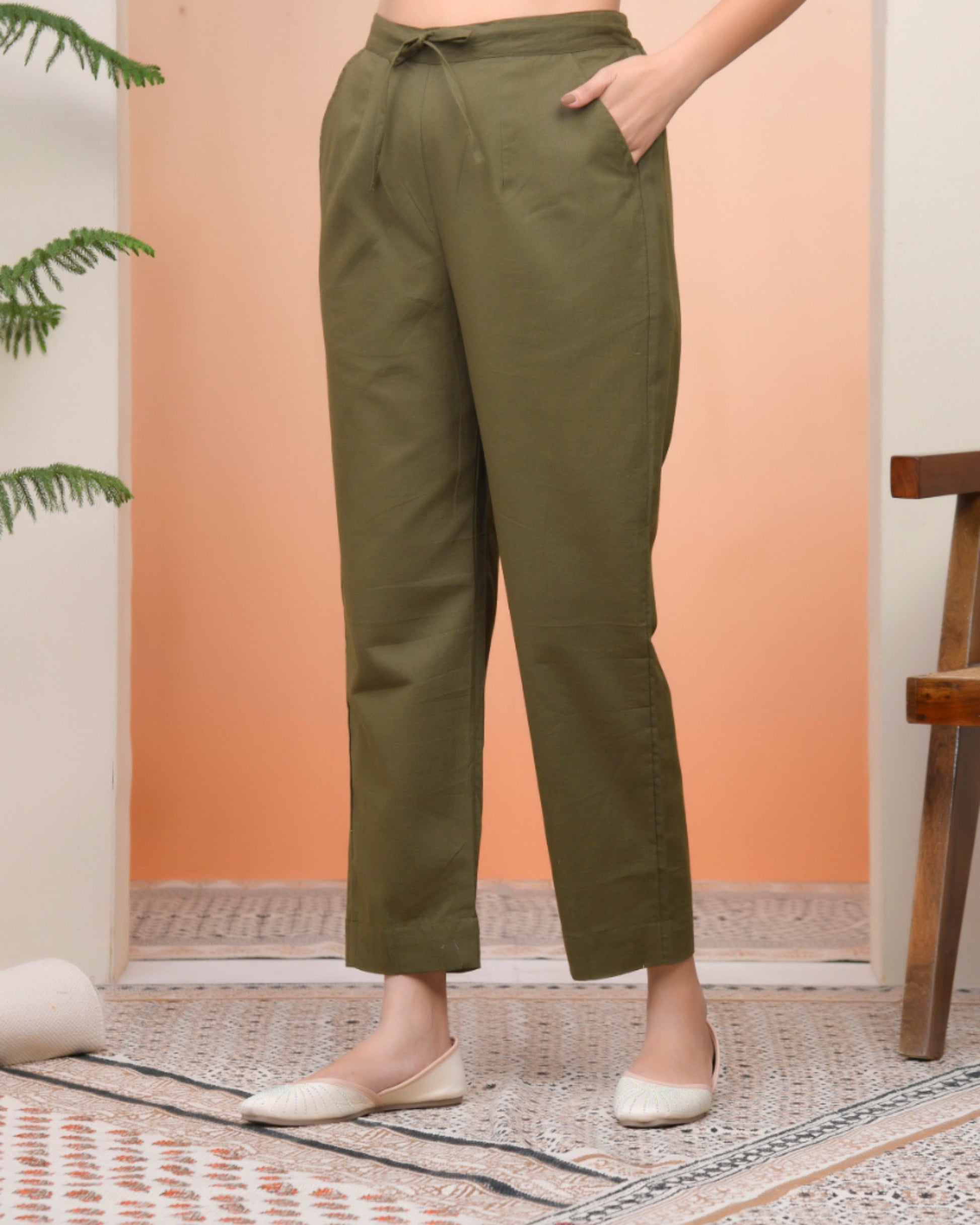 Vaasva Women Olive Green Cotton Flax Solid Straight Pants | Swadesiicart