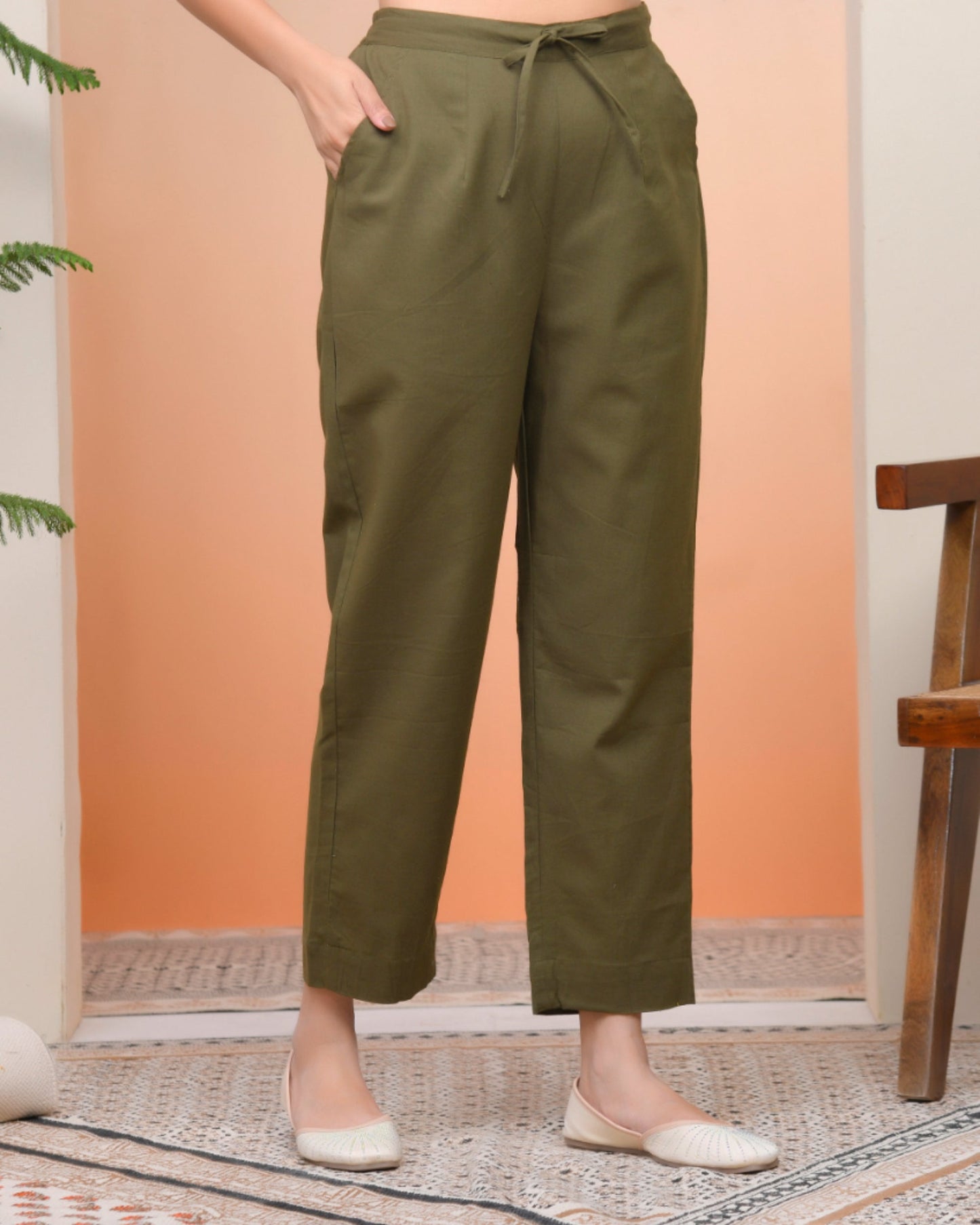 Vaasva Women Olive Green Cotton Flax Solid Straight Pants | Swadesiicart