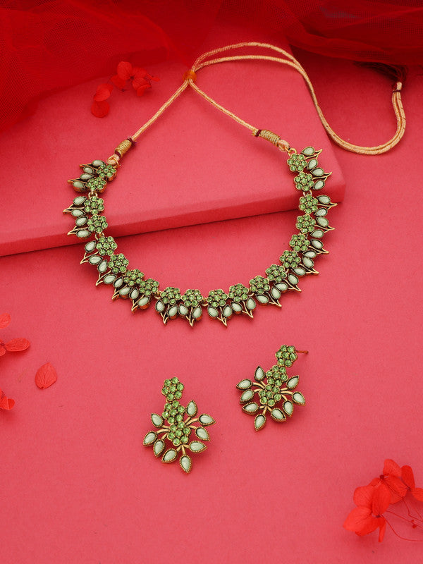 Tehzeeb Creations Sea Green Colour Gold Pleated Stone Studded Necklace With Earrings - Swadesiicart