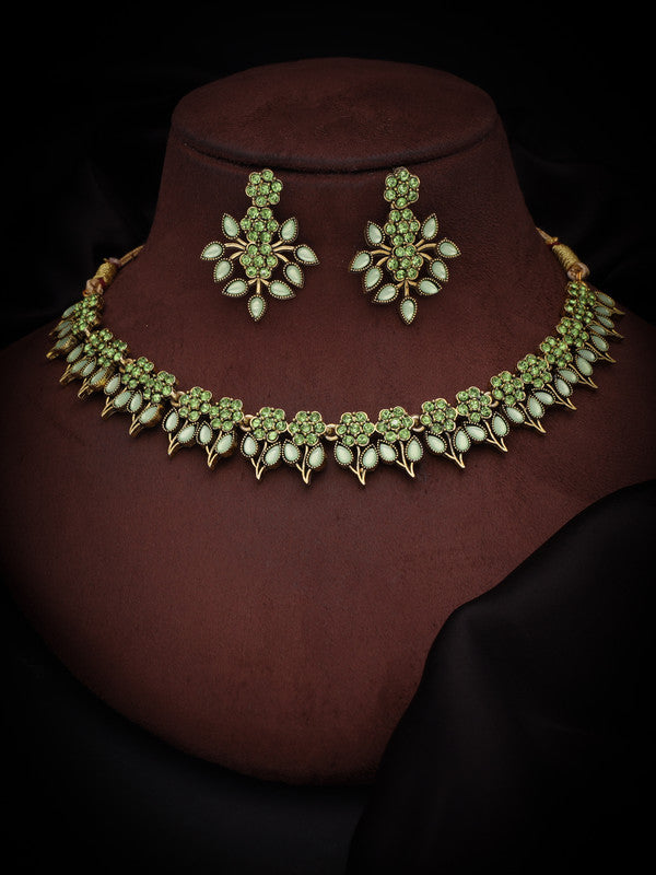Tehzeeb Creations Sea Green Colour Gold Pleated Stone Studded Necklace With Earrings - Swadesiicart