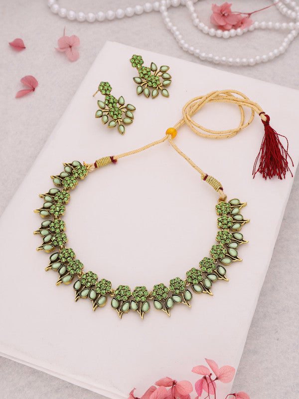 Tehzeeb Creations Sea Green Colour Gold Pleated Stone Studded Necklace With Earrings - Swadesiicart