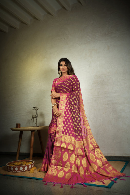 Vardha Magenta Pink Golden Zari Banarasi Chiffon Saree | Swadesiicart