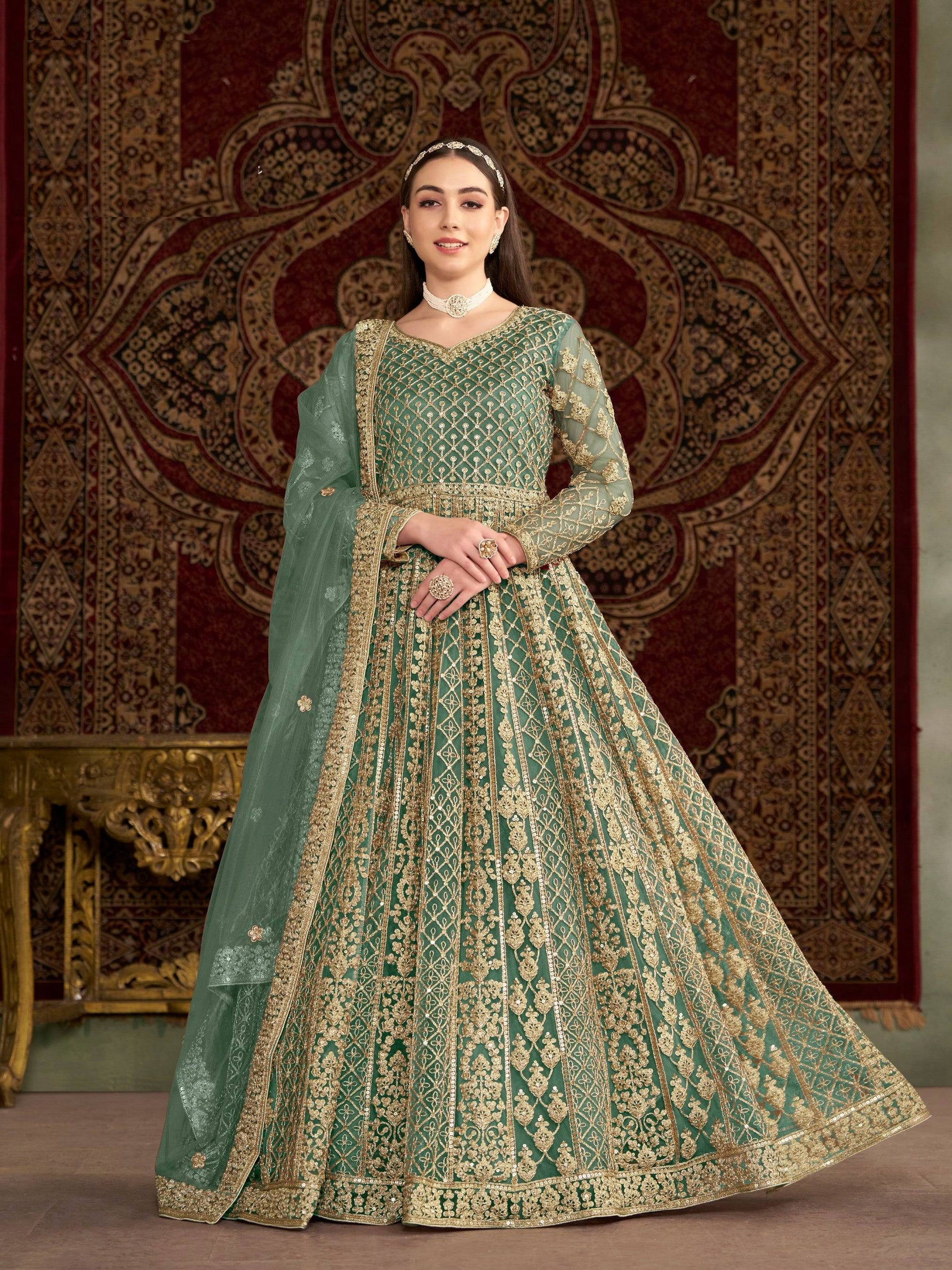 Anaita Green Embroidered Net Anarkali Suit