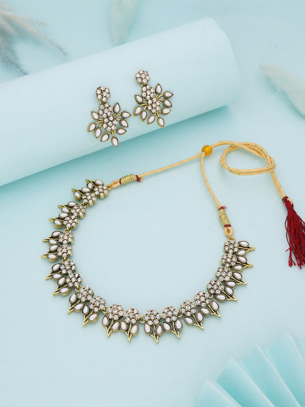 Tehzeeb Creations White Colour Gold Pleated Stone Studded Necklace With Earrings - Swadesiicart