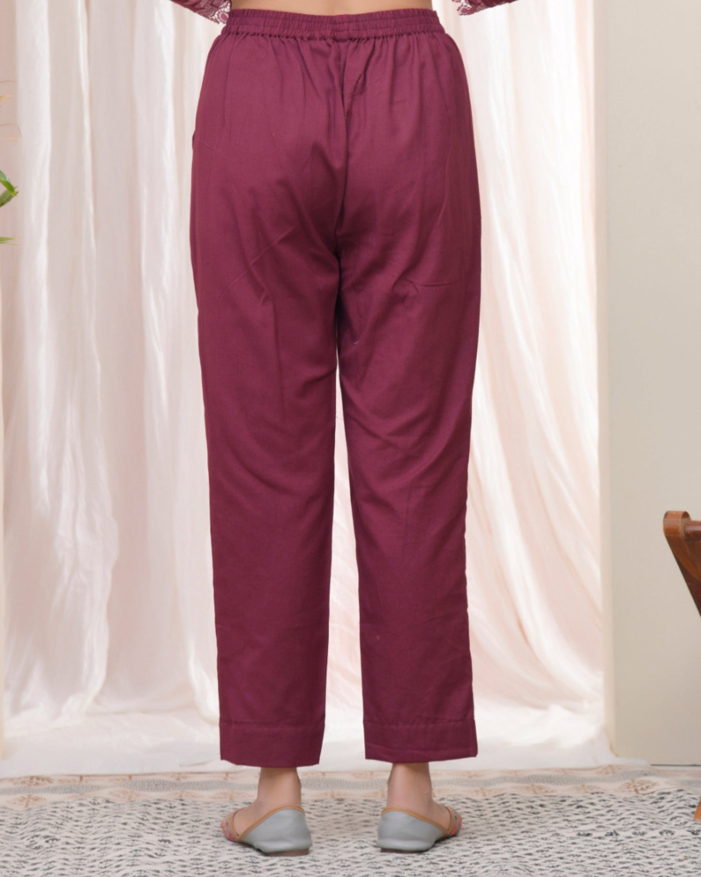 Vaasva Women Magenta Cotton Flax Solid Straight Pants | Swadesiicart