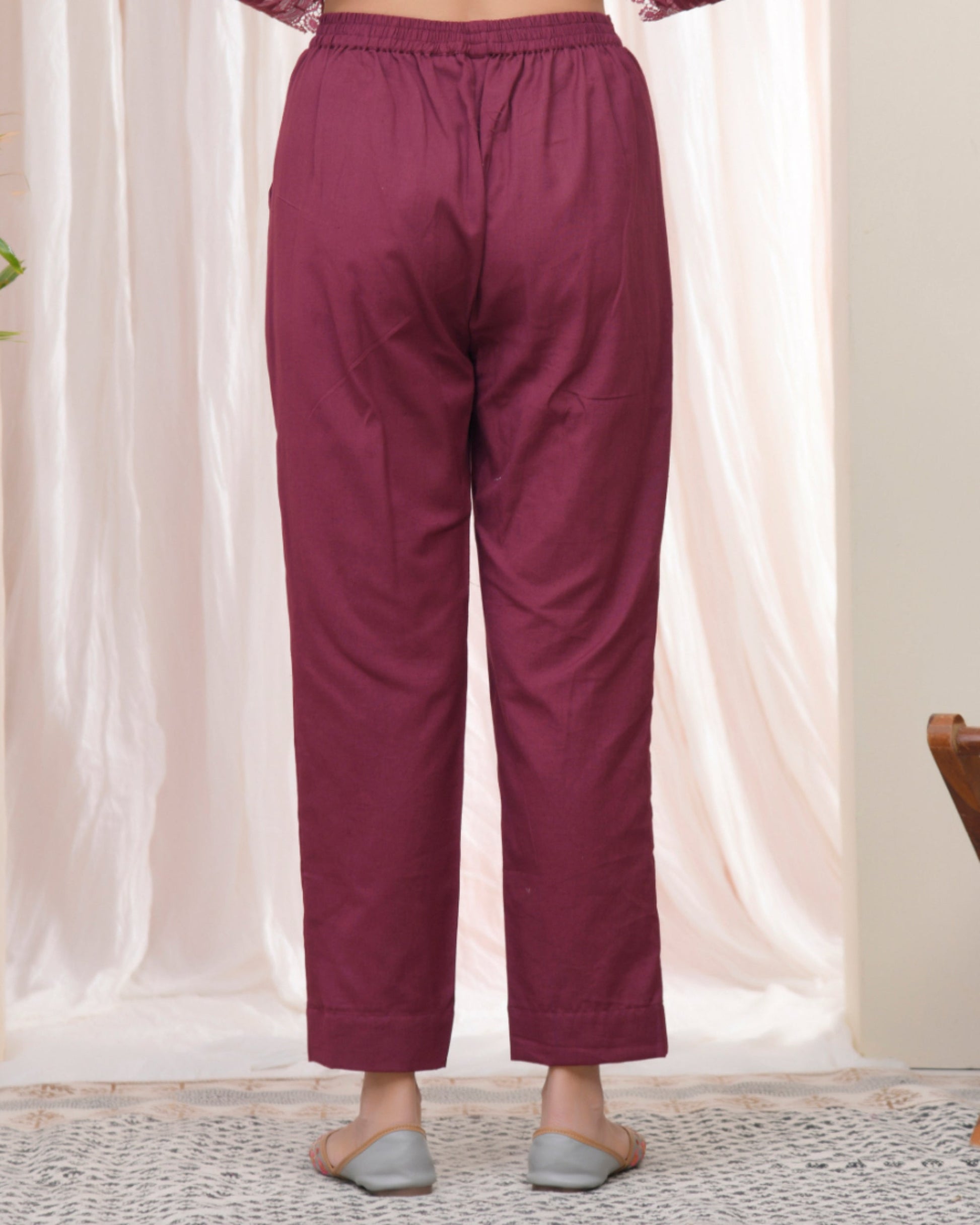 Vaasva Women Magenta Cotton Flax Solid Straight Pants | Swadesiicart