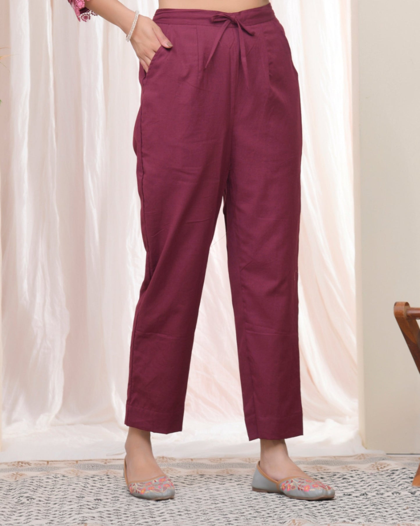 Vaasva Women Magenta Cotton Flax Solid Straight Pants | Swadesiicart