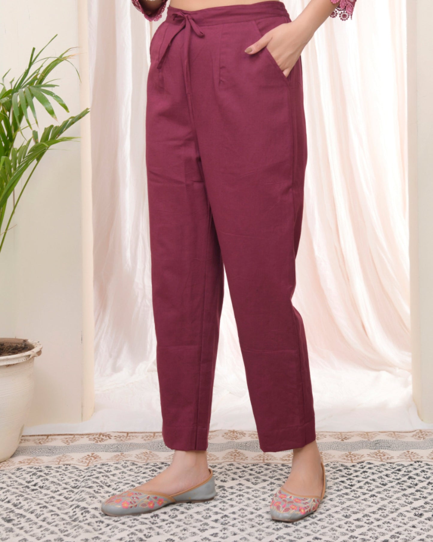 Vaasva Women Magenta Cotton Flax Solid Straight Pants | Swadesiicart