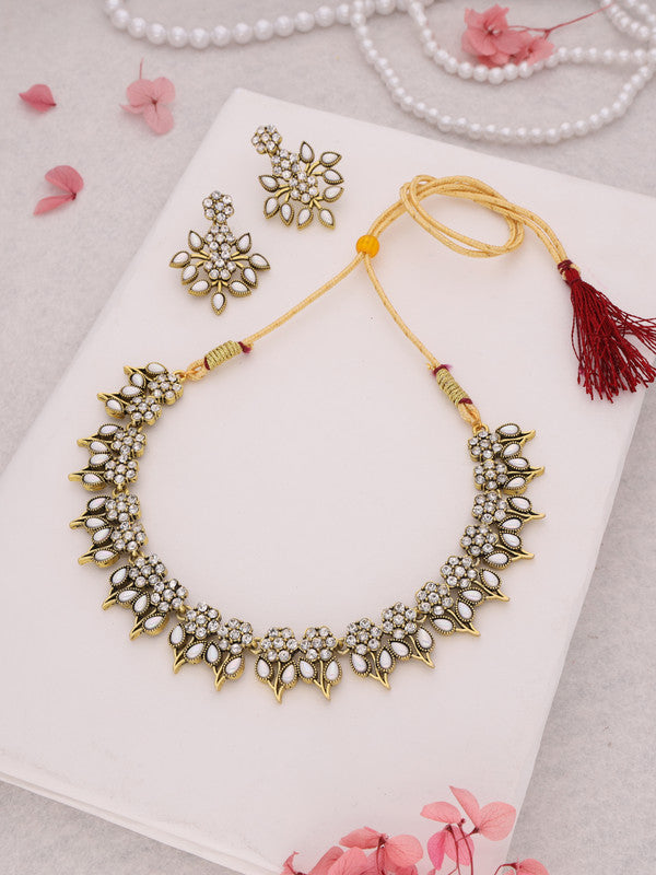 Tehzeeb Creations White Colour Gold Pleated Stone Studded Necklace With Earrings - Swadesiicart