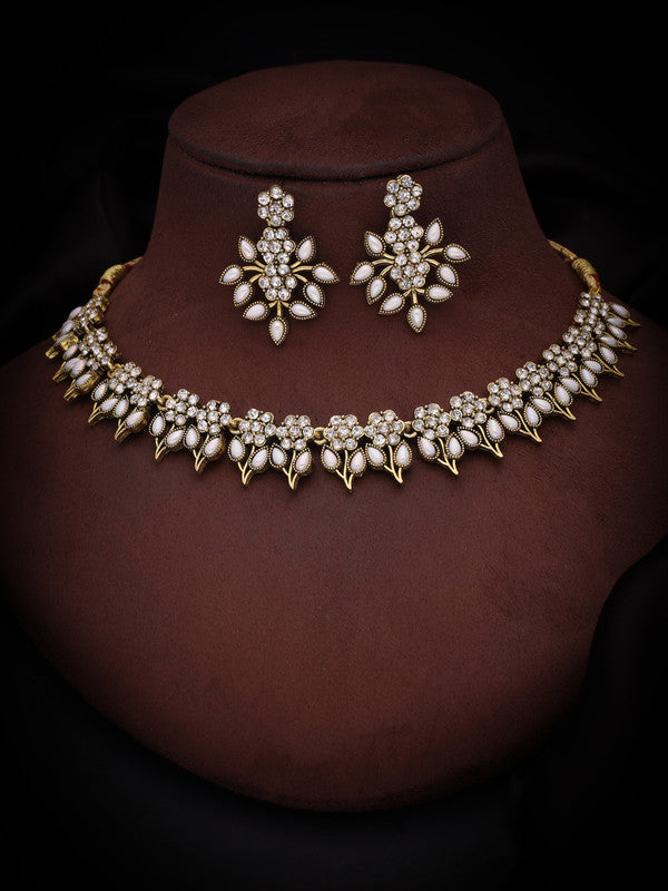 Tehzeeb Creations White Colour Gold Pleated Stone Studded Necklace With Earrings - Swadesiicart