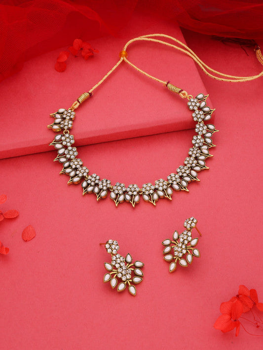 Tehzeeb Creations White Colour Gold Pleated Stone Studded Necklace With Earrings - Swadesiicart