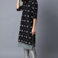 W for Woman Black Geometric Printed Pure Cotton Straight Kurta