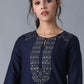 W for Woman Blue Solid kurta with Embroidery on Yoke