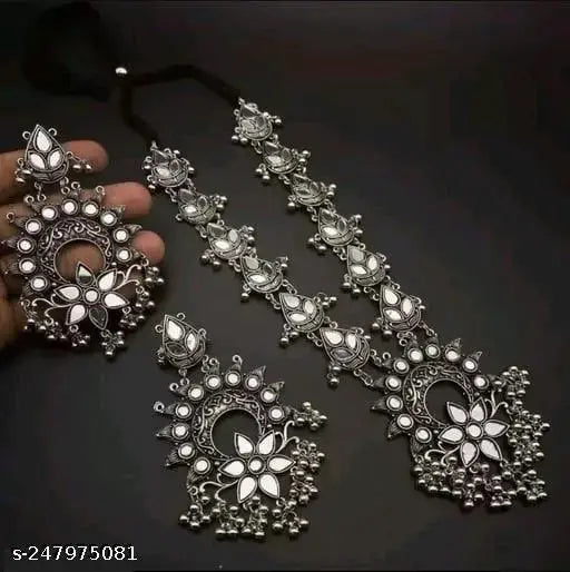 Tehzeeb Creations Women's Silver Colour Oxidised Necklace And Earrings With White Kundan - Swadesiicart