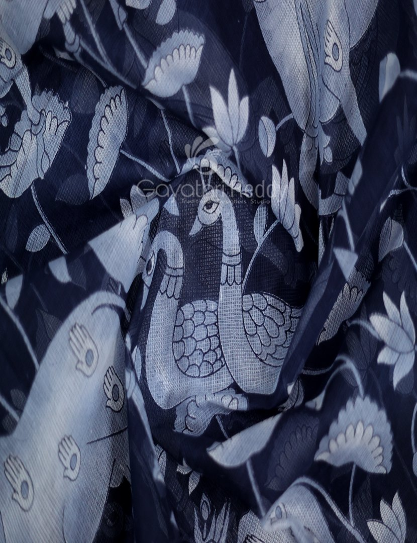 Shades of Dark Navy Blue And Grey With Pichwai Print Munga Cotton Saree By Gayathri Reddy Designer Studio | Swadesiicart