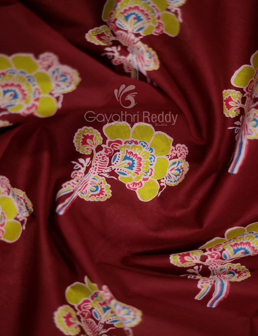 Block Print Maroon Coloured Mulmul Cotton Saree By Gayathri Reddy Designer Studio | Swadesiicart