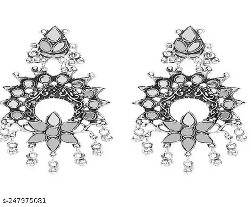 Tehzeeb Creations Women's Silver Colour Oxidised Necklace And Earrings With White Kundan - Swadesiicart