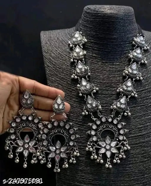 Tehzeeb Creations Women's Silver Colour Oxidised Necklace And Earrings With White Kundan - Swadesiicart