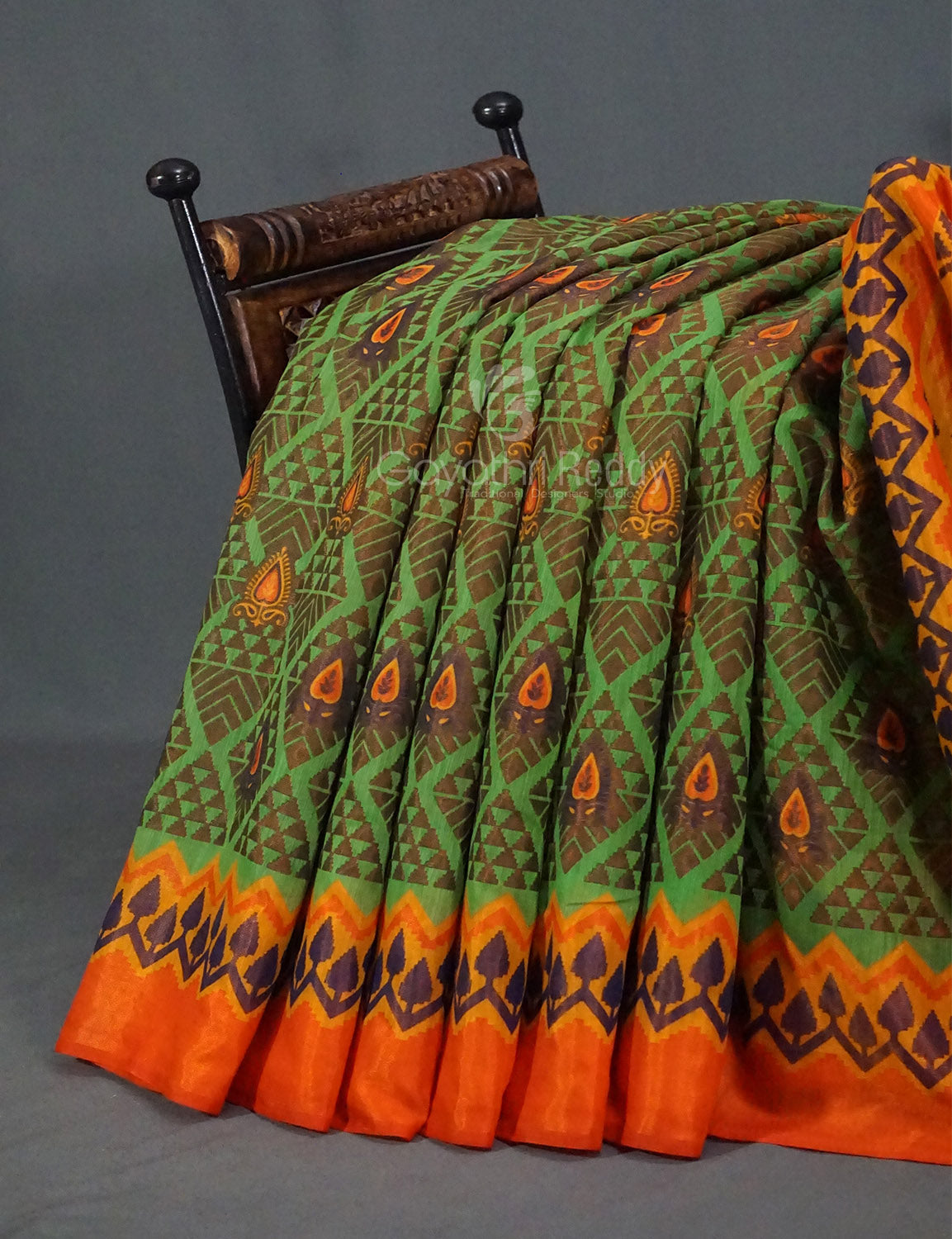 Parrot Green Printed Cotton Brasso Saree By Gayathri Reddy Designer Studio | Swadesiicart