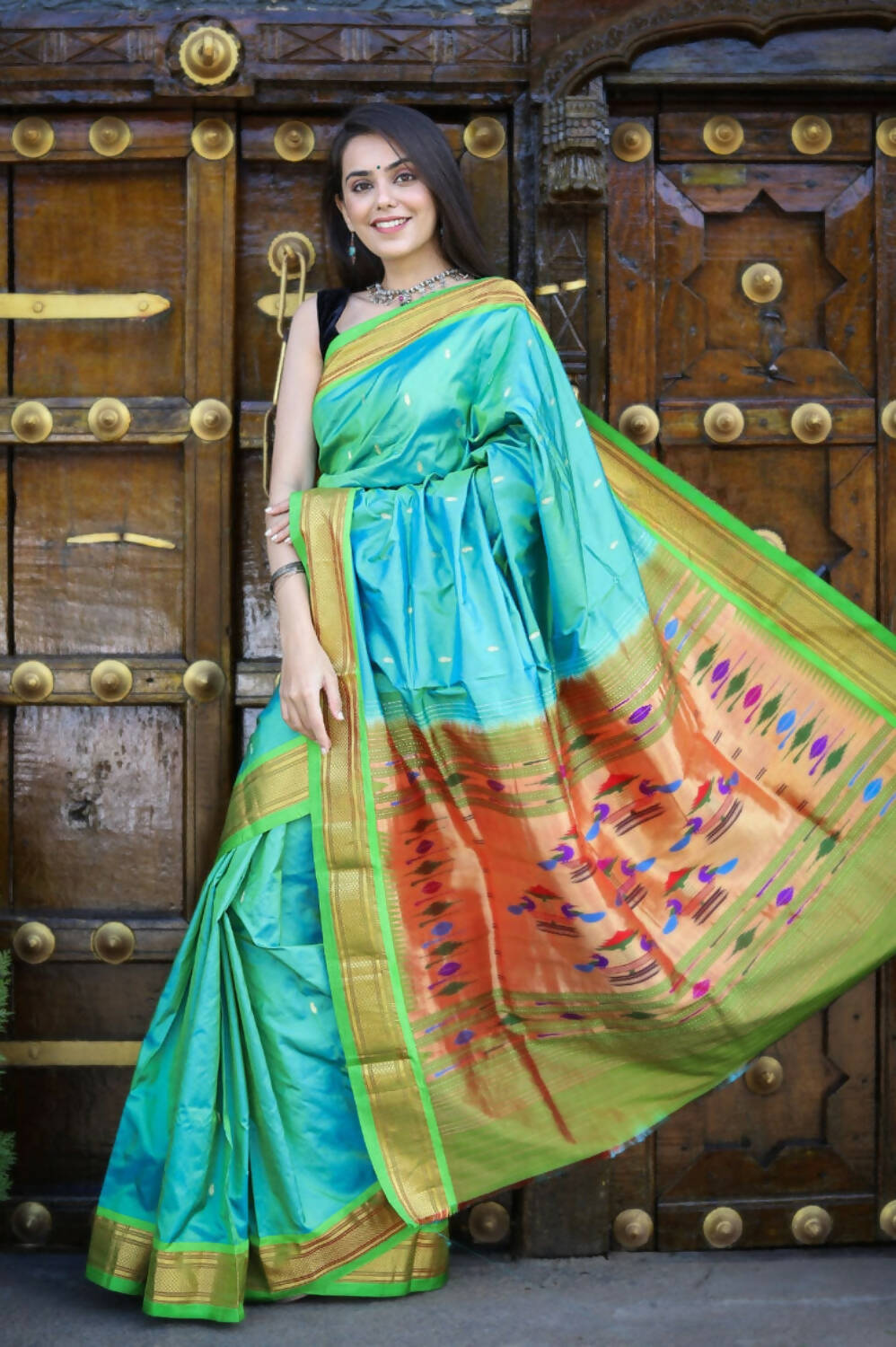 Very Much Indian Pure Silk Handloom Paithani -Dual Tone Blue Green | Swadesiicart