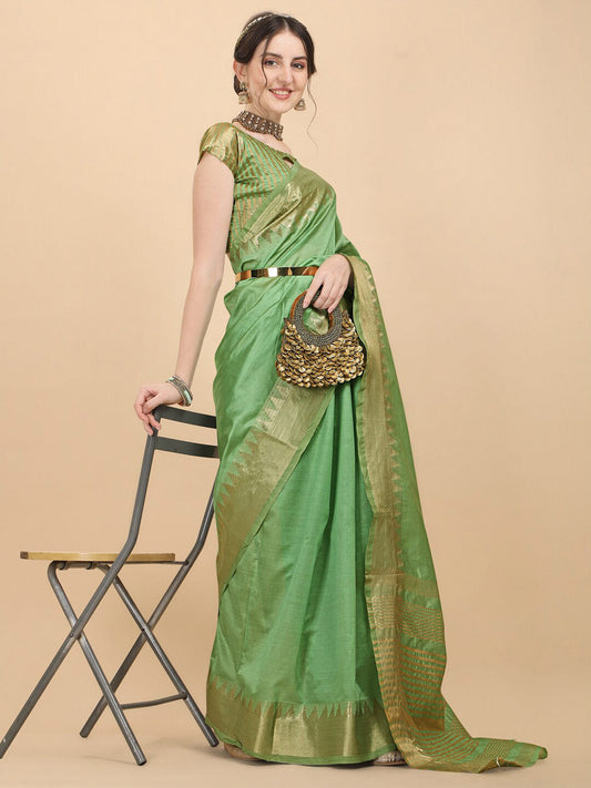 Kalini Green & Gold-Toned Woven Design Zari Silk Blend Banarasi Saree | Swadesiicart