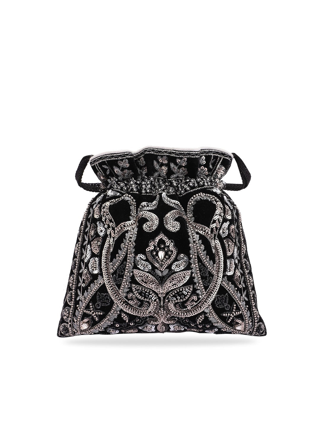 Masq Black & Silver-Toned Embellished Potli Clutch - Swadesiicart