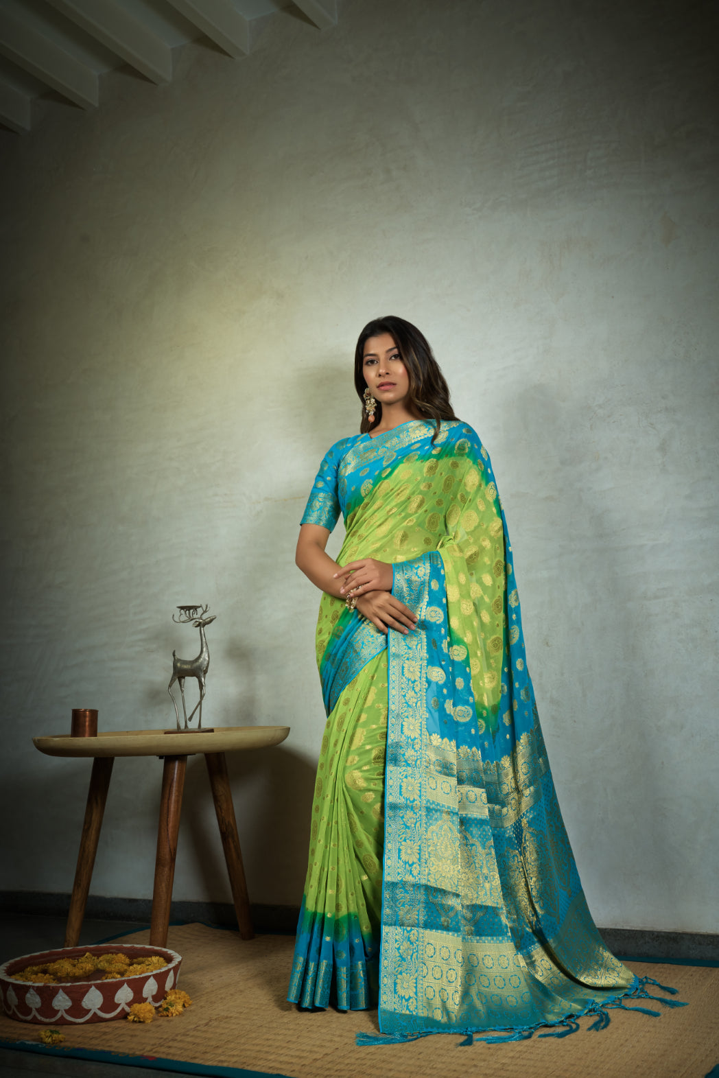 Vardha Lime Green Golden Zari Banarasi Chiffon Saree | Swadesiicart