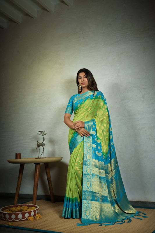 Vardha Lime Green Golden Zari Banarasi Chiffon Saree | Swadesiicart