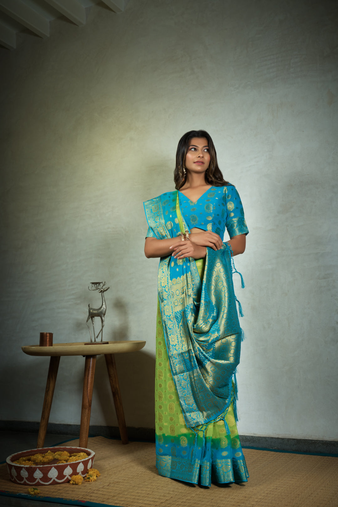 Vardha Lime Green Golden Zari Banarasi Chiffon Saree | Swadesiicart