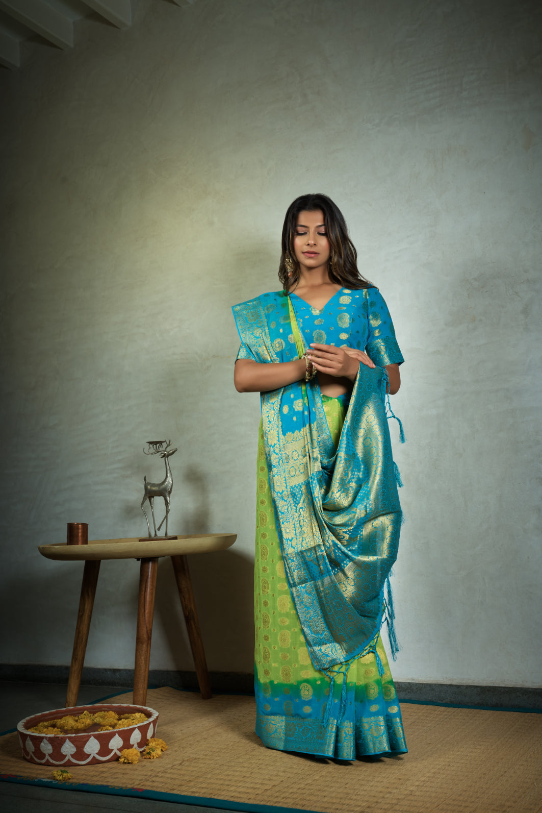 Vardha Lime Green Golden Zari Banarasi Chiffon Saree | Swadesiicart