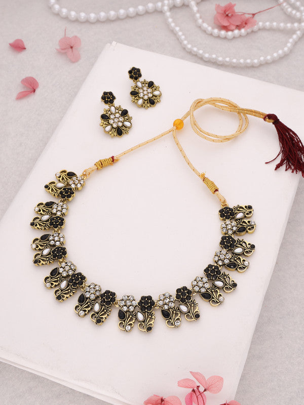 Tehzeeb Creations Luxurious Mendi Gold Polished White & Black Ad Jewellery Choker Necklace Set With Matching Earrings - Swadesiicart