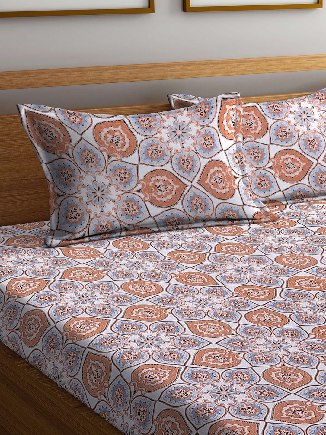 BOMBAY DYEING Brown & White Ethnic Motifs Cotton 104 TC King Bedsheet with 2 Pillow Covers - Swadesiicart