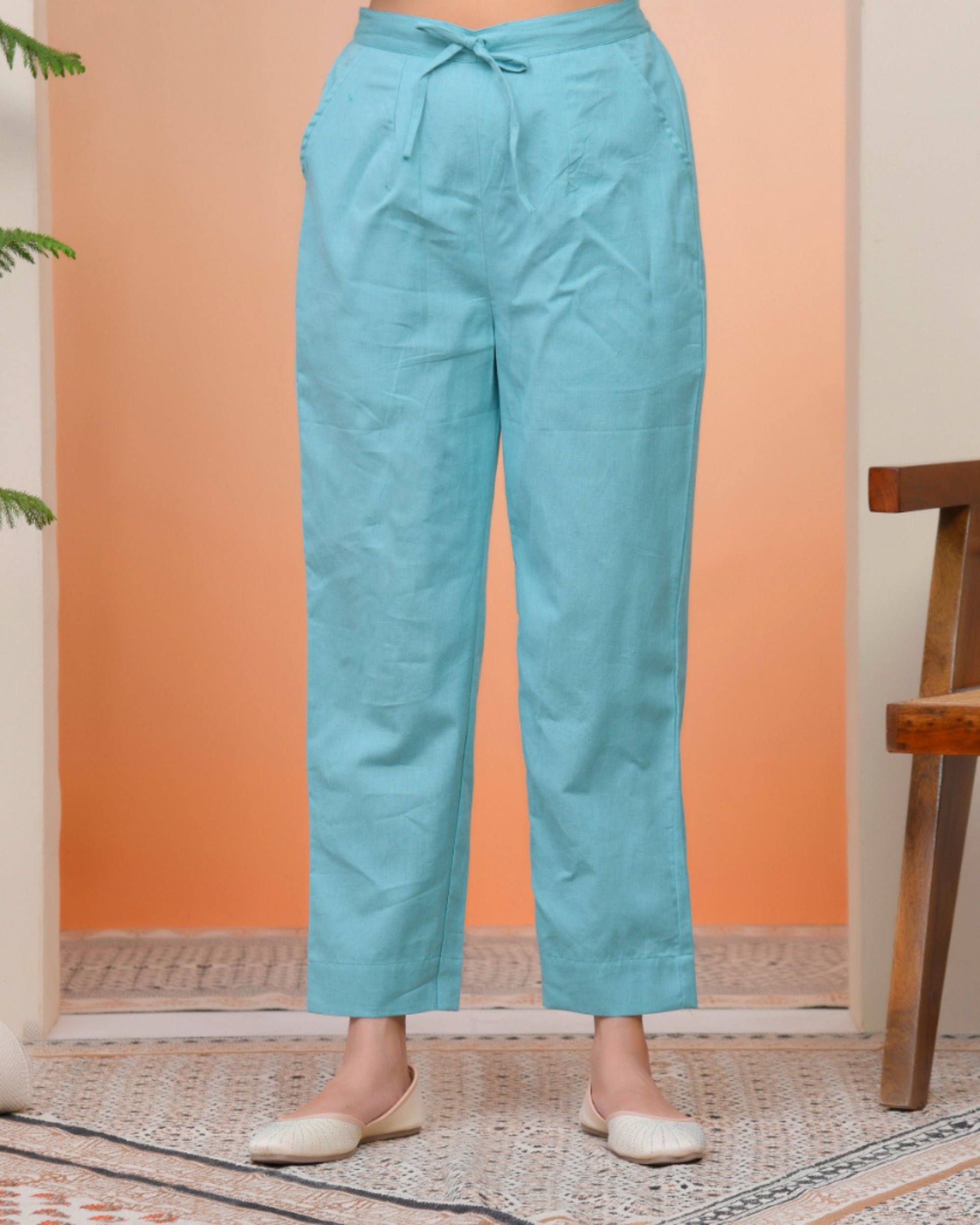 Vaasva Women Turquoise Cotton Flax Solid Straight Pants | Swadesiicart