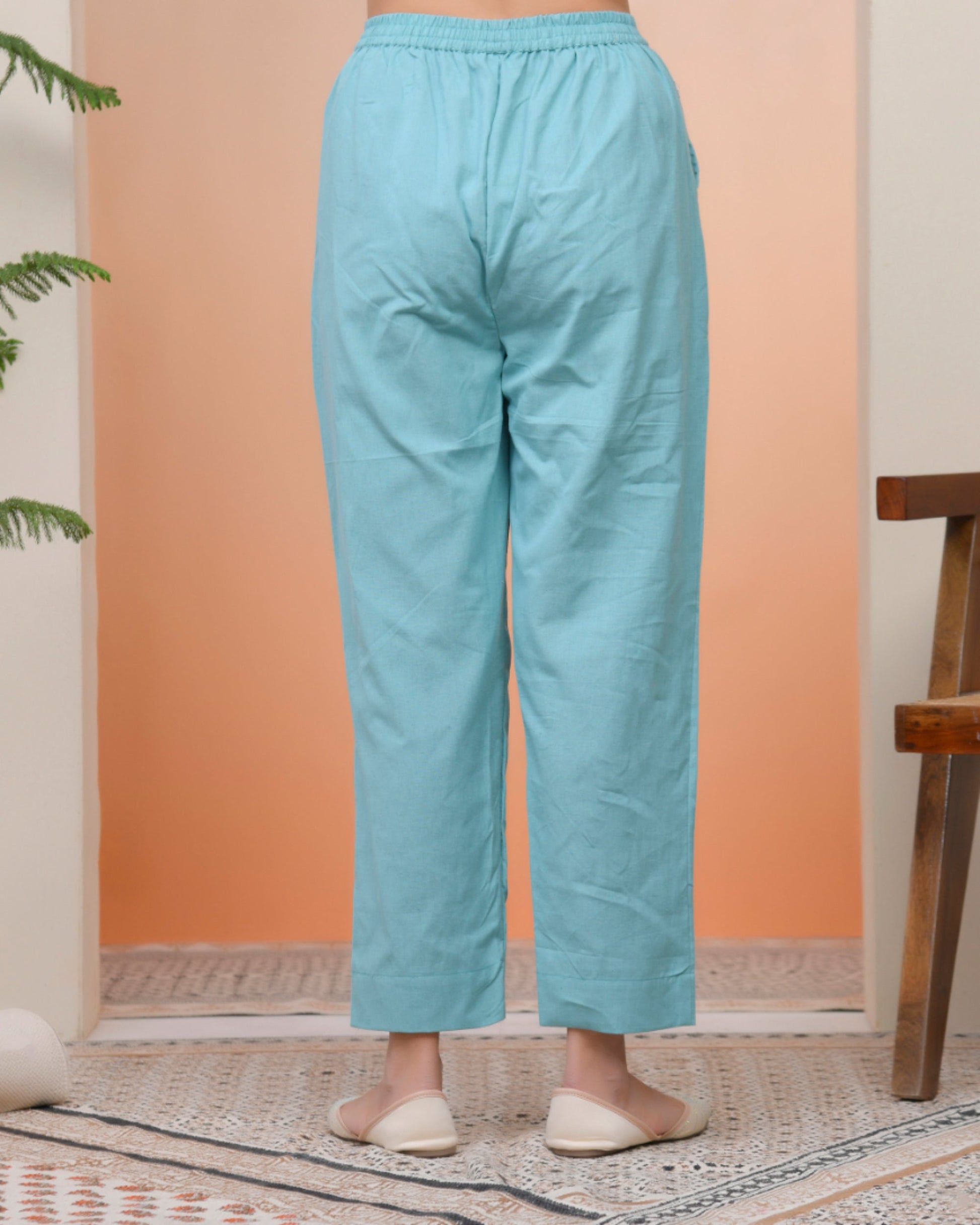 Vaasva Women Turquoise Cotton Flax Solid Straight Pants | Swadesiicart